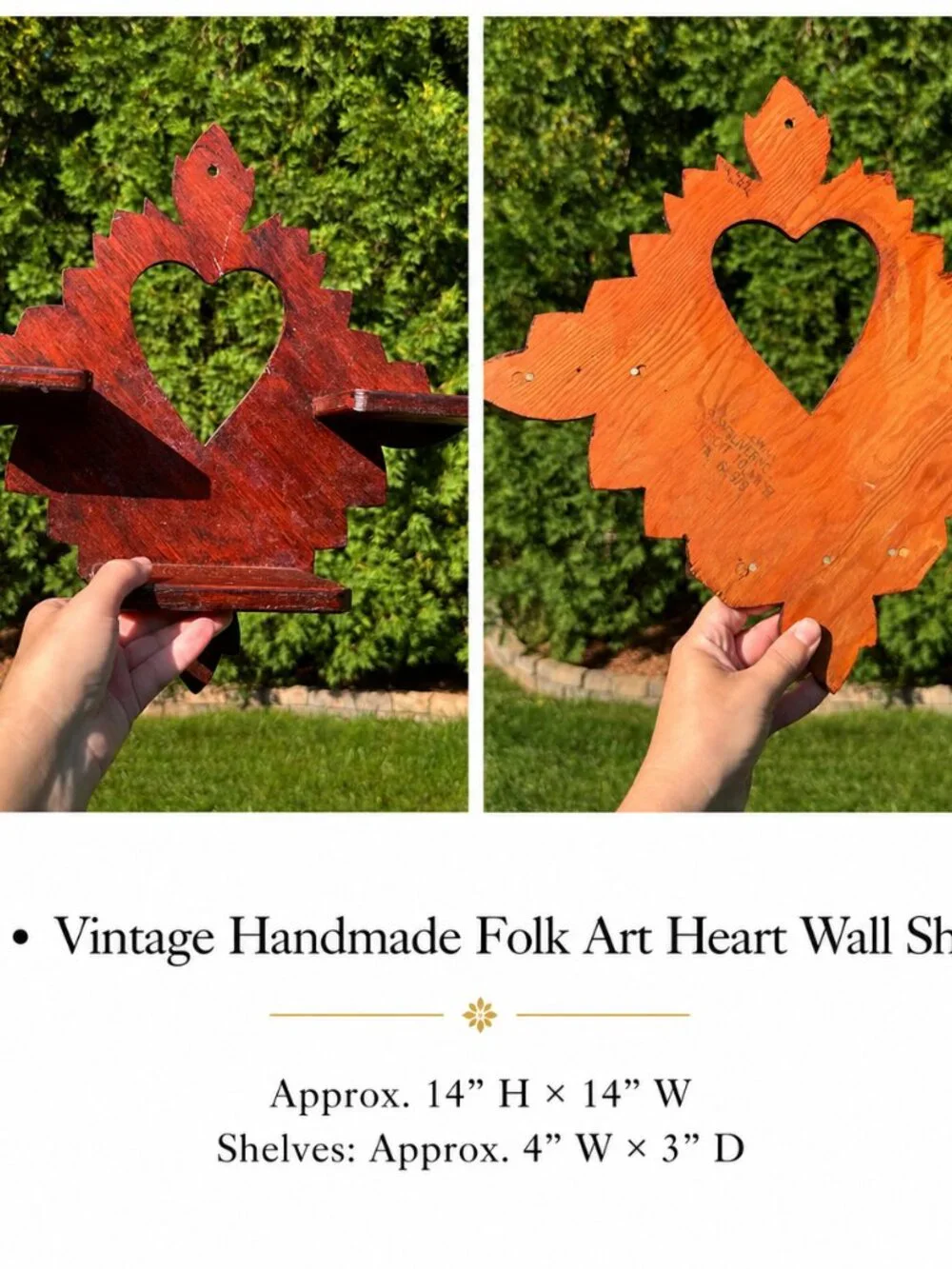 Vintage Handmade Folk Art Heart Wall Shelf